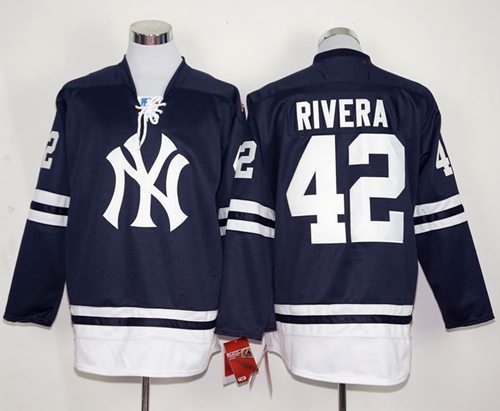 Yankees #42 Mariano Rivera Navy Blue Long Sleeve Stitched MLB Jersey - Click Image to Close